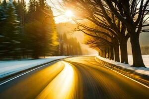 une neigeux route avec des arbres et Soleil dans le Contexte. généré par ai photo