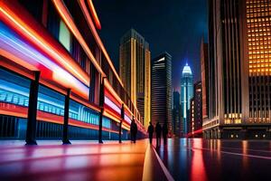 une ville rue à nuit avec néon lumières. généré par ai photo