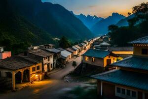 une village à crépuscule dans le montagnes. généré par ai photo