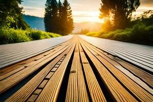 une en bois passerelle avec le Soleil réglage derrière il. généré par ai photo