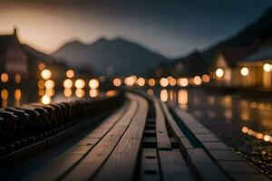 une train Piste dans le pluie avec lumières sur il. généré par ai photo