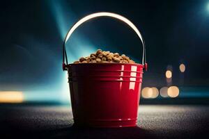 une rouge seau rempli avec pop corn sur une foncé route. généré par ai photo