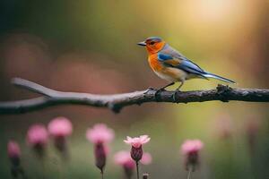 une bleu et Orange oiseau est assis sur une branche. généré par ai photo