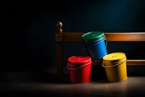 Trois coloré seaux séance sur une en bois banc. généré par ai photo