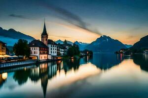 une église et une Montagne dans le Contexte à le coucher du soleil. généré par ai photo