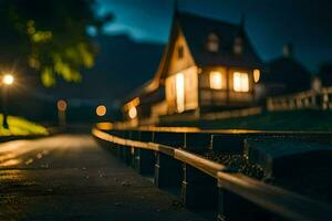 une train Piste à nuit avec une maison dans le Contexte. généré par ai photo