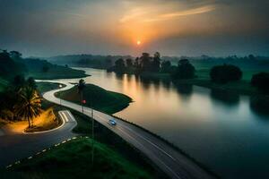 une route et une rivière à le coucher du soleil. généré par ai photo