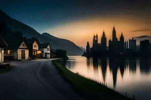 une village avec Maisons et une Lac à le coucher du soleil. généré par ai photo