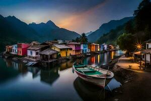 une bateau est assis sur le l'eau dans de face de coloré Maisons. généré par ai photo