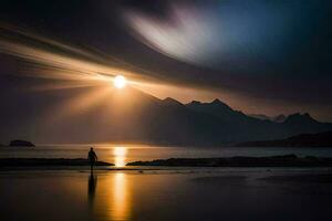 une homme permanent sur le plage à le coucher du soleil avec le Soleil brillant par le des nuages. généré par ai photo