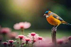 une coloré oiseau est perché sur une branche dans de face de rose fleurs. généré par ai photo