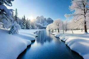 une rivière dans le neige. généré par ai photo