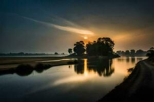 le Soleil monte plus de une rivière dans le milieu de une champ. généré par ai photo