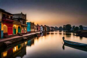 une bateau est assis sur le l'eau à le coucher du soleil dans Inde. généré par ai photo