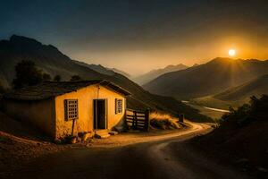 le Soleil monte plus de une petit maison dans le montagnes. généré par ai photo