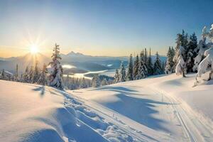 neige couvert des arbres et le Soleil réglage plus de une lac. généré par ai photo