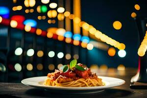 spaghetti avec tomate et basilic sur une plaque. généré par ai photo