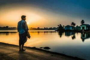 une homme permanent sur le rive de une Lac à le coucher du soleil. généré par ai photo