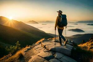 une homme avec une sac à dos et trekking poteaux des stands sur une Montagne Haut à lever du soleil. généré par ai photo