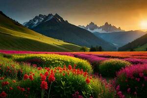 le Soleil ensembles plus de une champ de fleurs et montagnes. généré par ai photo