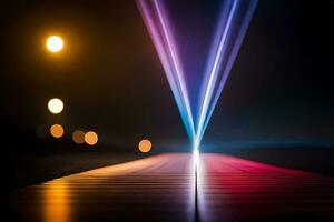 une longue exposition photographier de une lumière faisceau brillant sur une route. généré par ai photo