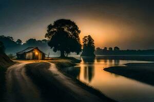 une petit maison est assis sur le côté de une rivière à le coucher du soleil. généré par ai photo