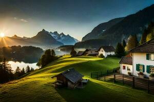 le Soleil monte plus de le montagnes et village dans le Suisse Alpes. généré par ai photo