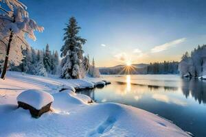 photo fond d'écran le ciel, neige, des arbres, lac, soleil, hiver, le soleil, l'hiver. généré par ai