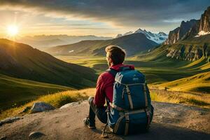 une homme avec une sac à dos séance sur le bord de une Montagne à le coucher du soleil. généré par ai photo