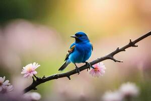 une bleu oiseau est assis sur une branche avec rose fleurs. généré par ai photo