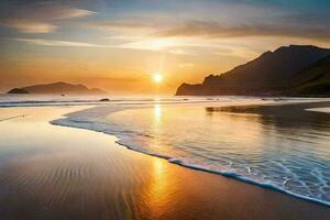 le Soleil est réglage plus de une plage avec vagues. généré par ai photo