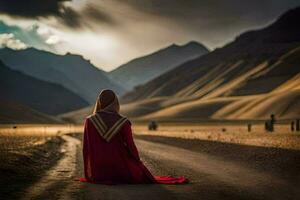 une femme dans une rouge robe est assis sur le route dans le milieu de une désert. généré par ai photo