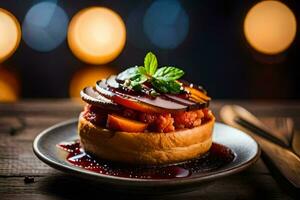 une dessert sur une assiette avec une fourchette. généré par ai photo