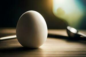 un Oeuf séance sur une table avec une cuillère. généré par ai photo