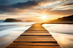 une en bois promenade pistes à le océan à le coucher du soleil. généré par ai photo