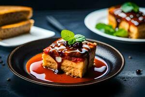 une tranche de gâteau avec sauce et une tranche de pain. généré par ai photo