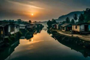 une rivière dans le milieu de une village à le coucher du soleil. généré par ai photo