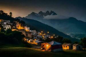 une village à nuit avec une tente et lumières. généré par ai photo