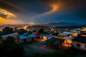 une ville à nuit avec Maisons et une orage nuage. généré par ai photo