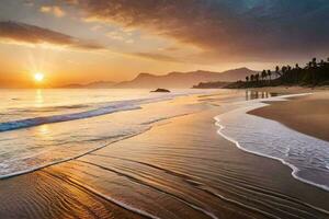 le Soleil monte plus de le océan et le plage. généré par ai photo