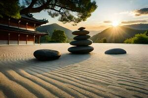 le Soleil monte plus de une Zen jardin dans Japon. généré par ai photo