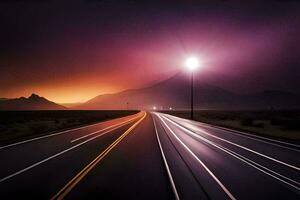 une longue exposition photographier de une route à nuit. généré par ai photo