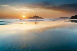 le Soleil monte plus de le océan et le plage. généré par ai photo