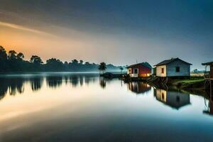 Maisons sur le l'eau à lever du soleil. généré par ai photo