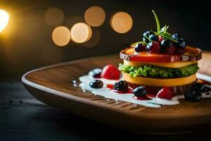 une assiette avec une empiler de nourriture sur il. généré par ai photo