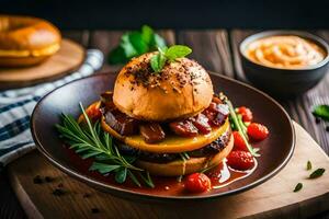 une Hamburger avec Bacon et tomates sur une plaque. généré par ai photo