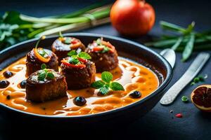 une bol de nourriture avec Boulettes de viande et sauce. généré par ai photo