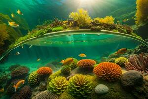 un sous-marin scène avec corail et poisson. généré par ai photo