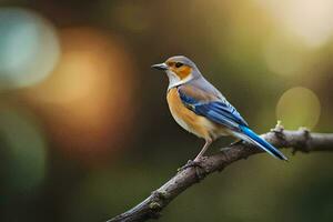 une bleu et Jaune oiseau séance sur une branche. généré par ai photo