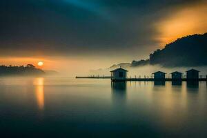 une bateau Dock avec une maison sur le l'eau à le coucher du soleil. généré par ai photo